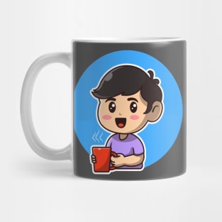 Cute Boy Holding Hot Coffee Cartoon Mug
